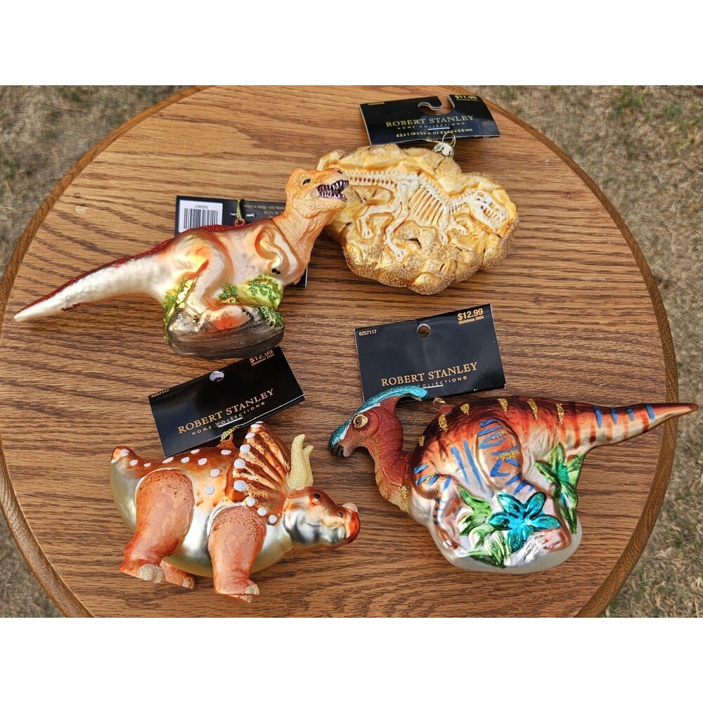 Robert Stanley Christmas 2024 Collection Set of 4 Blown Glass Dinosaur Ornaments